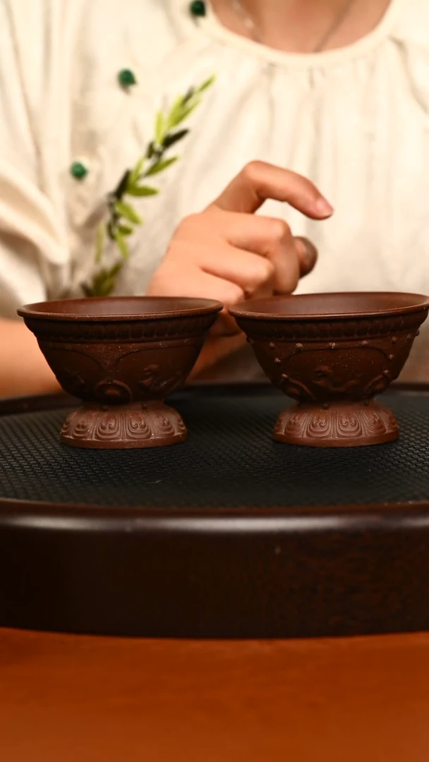 茶壶紫砂宜兴紫砂高脚杯紫红泥+紫泥随缘发