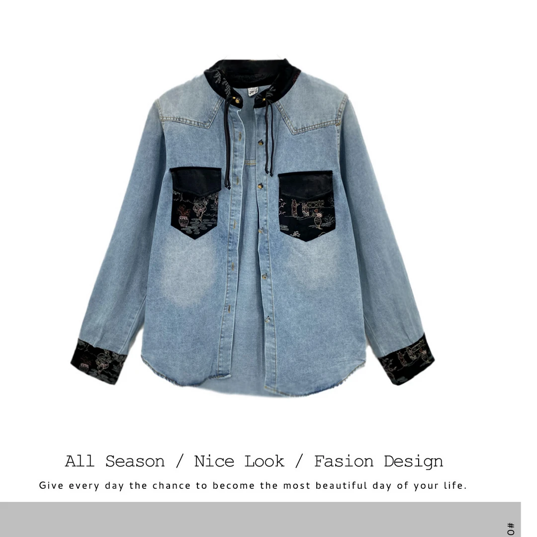 623  2025春新款牛仔拼接衬衫上衣女显瘦胖妹妹胖mm设计感#951776
