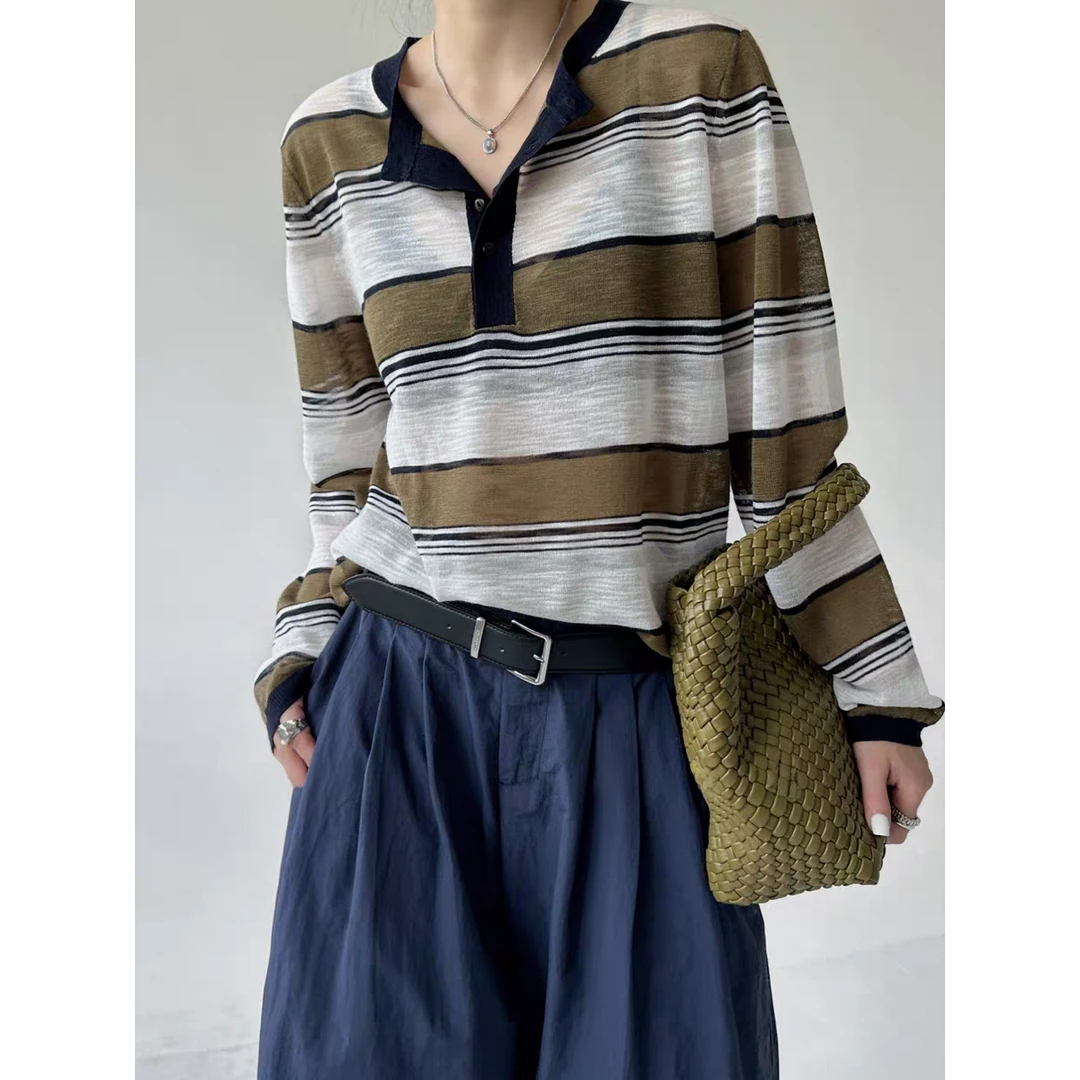 巨爱，别提多好穿！复古松'弛凉感竹节纱上衣2025撞色条纹针织罩衫