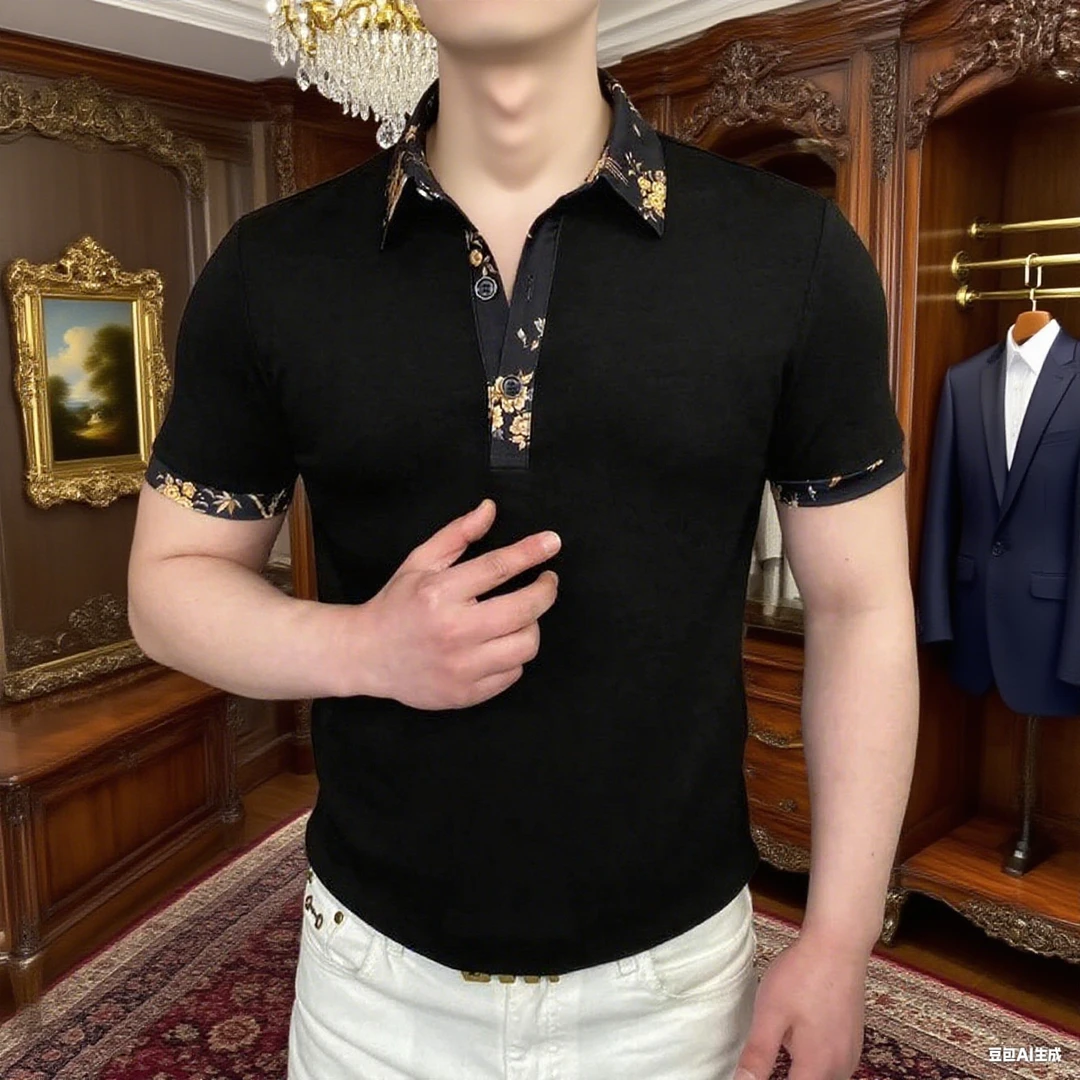 【总裁同款】夏季男士翻领轻奢空气棉时尚潮流短袖碎花POLO衫6011