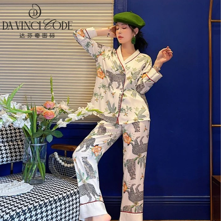 DAVINCIART豹时尚秋冬新款女士睡衣女长袖长裤翻领家居服套装外穿