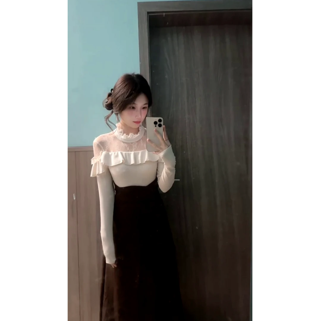 纯欲气质古着蕾丝针织上衣花边打底半裙两件套装2025秋冬新款