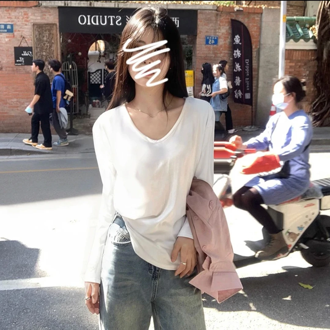 秋季简约纯色白色大v领宽松慵懒感冰感弹力长袖t恤女基础体恤上衣