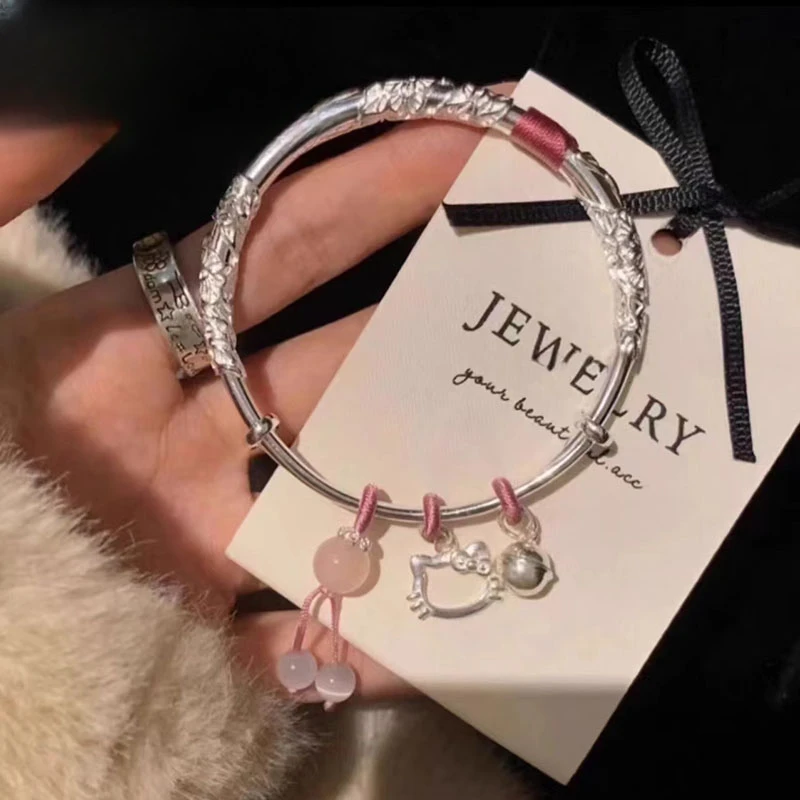 足银手镯 繁花Kitty猫999纯银手镯女编绳镯子520可爱节日礼物学生