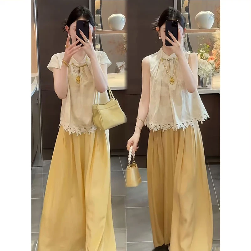 国风新中式套装女夏季新款花边下摆无袖盘扣上衣直筒阔腿裤两件套