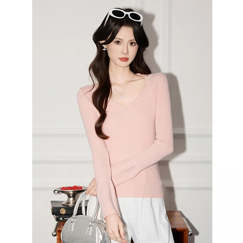 法芬图复古v领粉色针织毛衣女秋季2025新款大衣西装内搭打底上衣