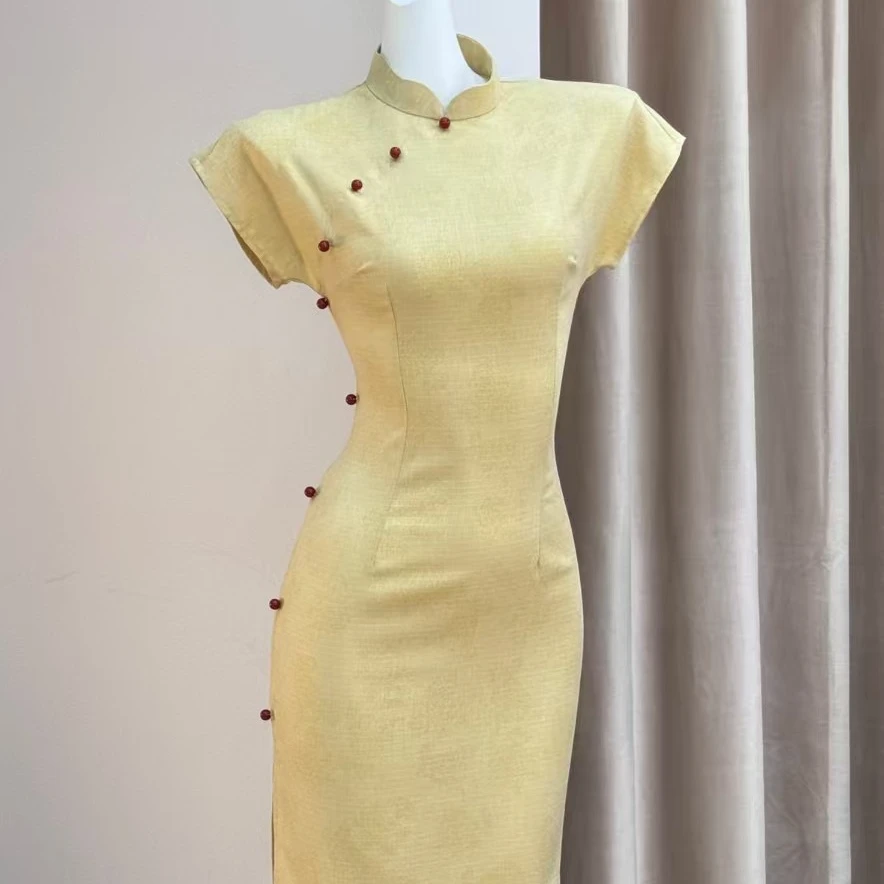 2025新款旗袍夏季少女日常修身气质设计师黄色显瘦优雅春夏小个子