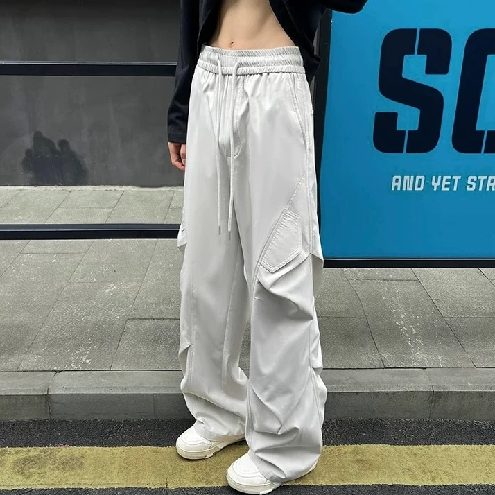 工装裤秋季高街褶皱伞兵裤男女同款潮牌宽松速干休闲裤薄款阔腿裤