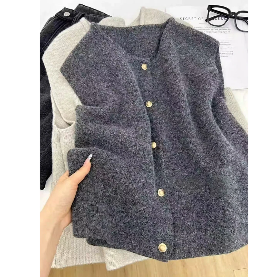 【专属】深灰色帽扣毛衣马甲开衫女春秋法式叠穿针织背心坎肩