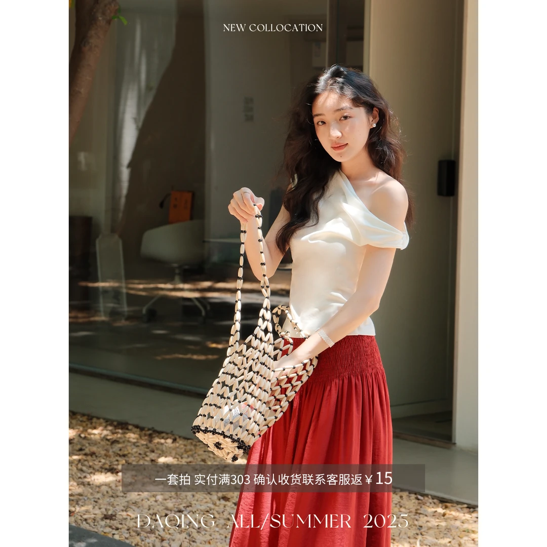 许大晴【简兮】时尚优雅扭结不对称露肩修身上衣D3A60温婉大方衣服