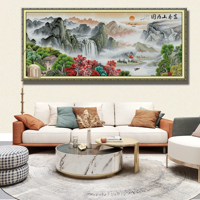 2025新款富春山居图客厅新中式古风满绣手工刺绣风景山水画十字绣