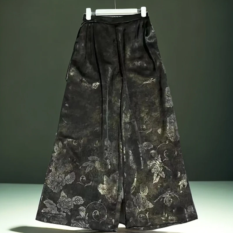 衫蚕韵【鎏金牡丹】新中式时尚百搭休闲复古直筒裤直筒宽松印花