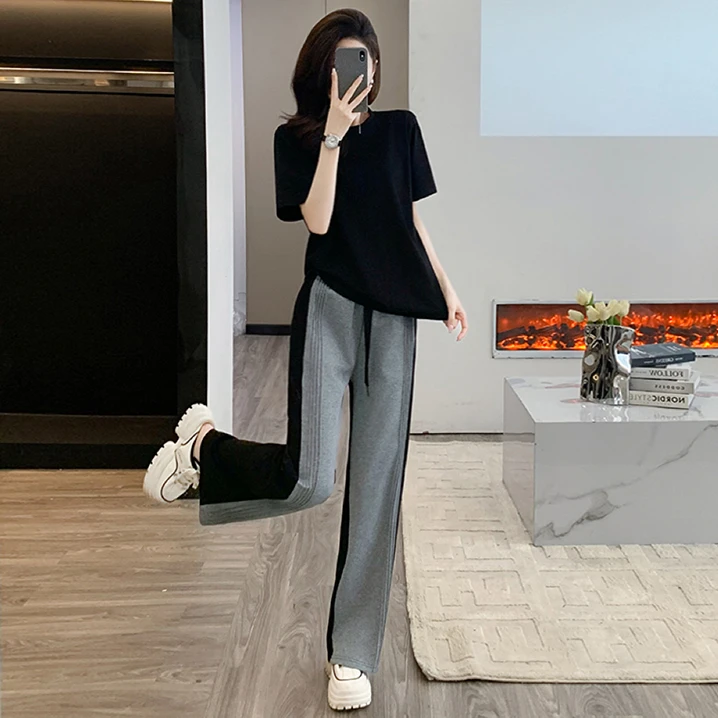 设计感休闲阔腿裤套装女夏季薄款时尚洋气黑色短袖宽松显瘦两件套