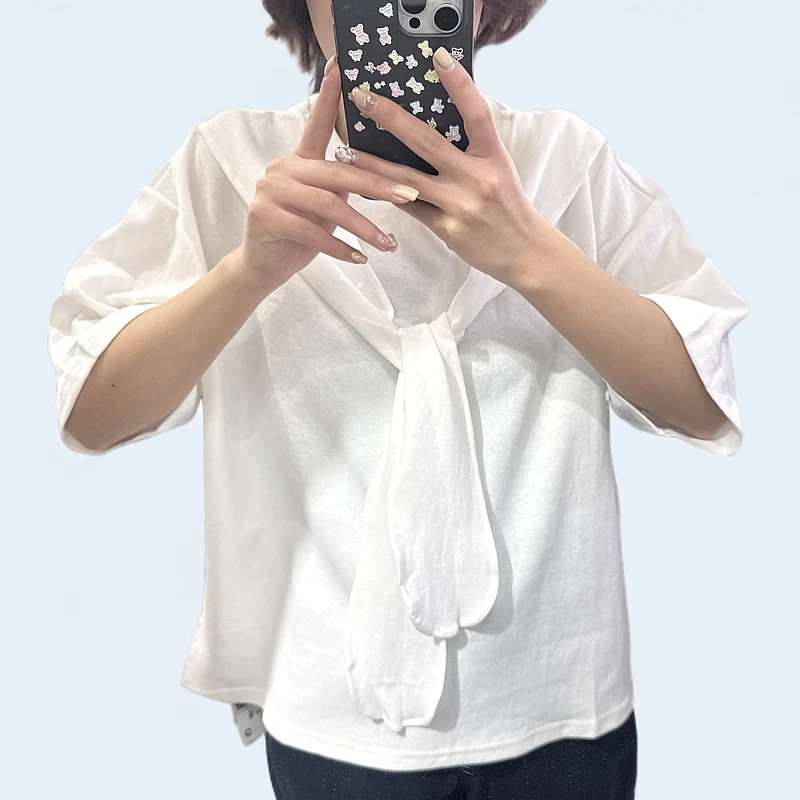 宁加柠-新款韩系甜美披肩半袖T恤圆领休闲设计感简约宽松