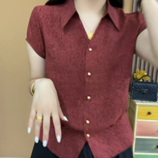 衬衫领短袖V领气质百搭显瘦开衫扣子上衣中式小衫2025夏季