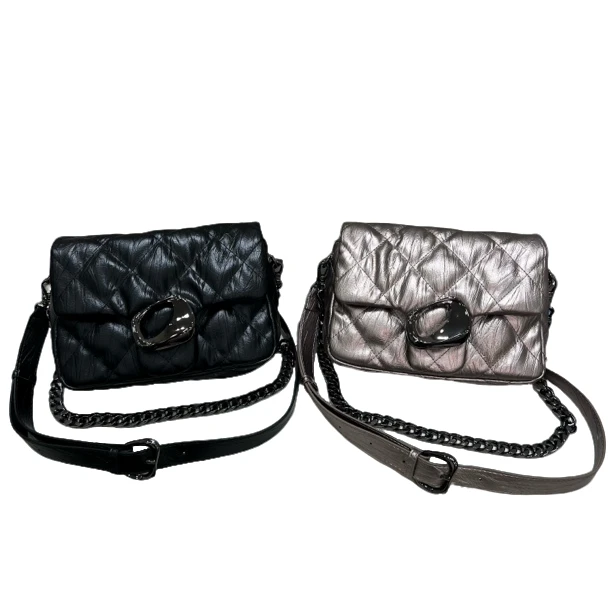 小D家软皮菱格链条真皮中号泡芙包包单肩斜挎手提新款小香风黑色