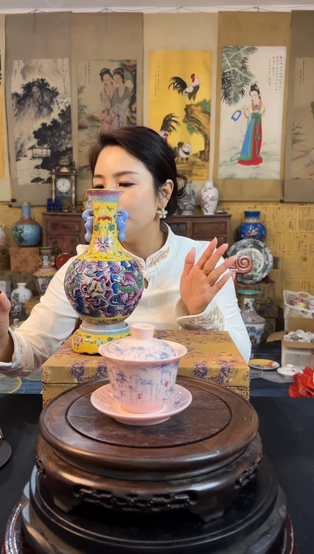 瓷片景德镇陶瓷红稀土青花瓷盖碗