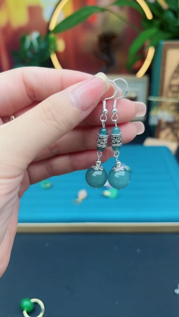 石英质玉（天山翠）银S925镶嵌耳饰X04