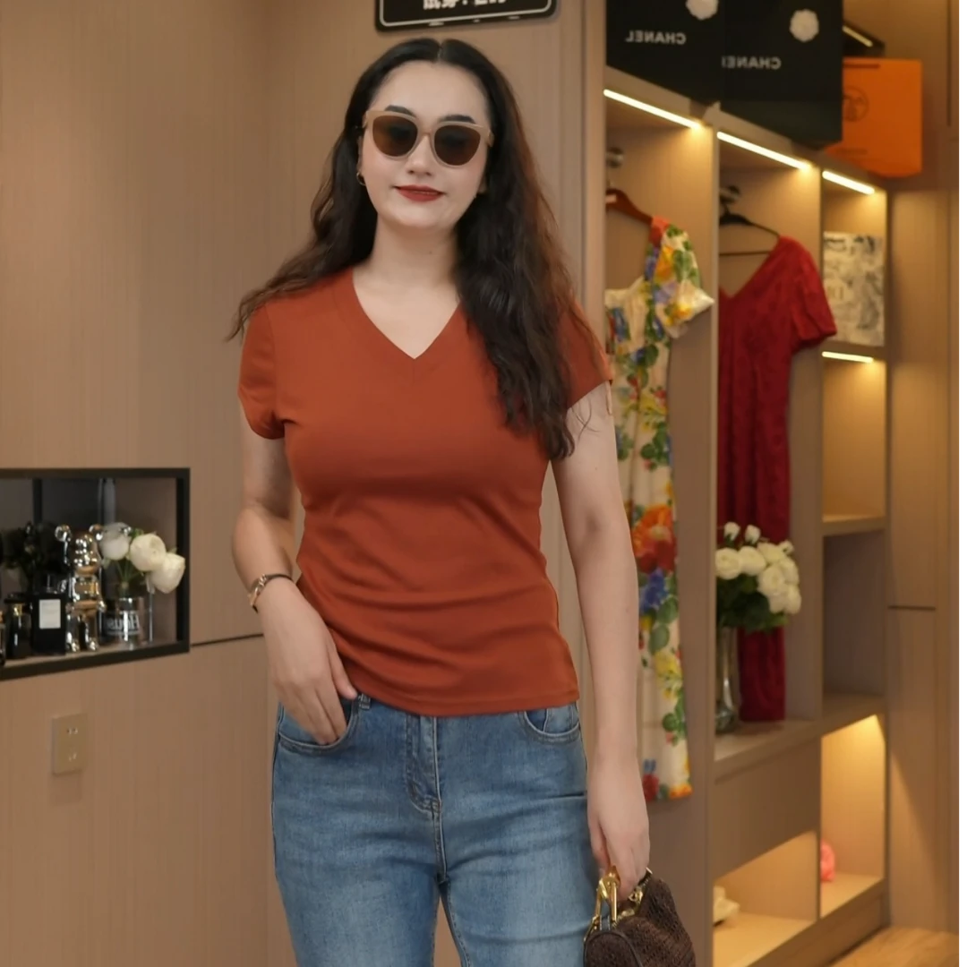 彩色V领正肩短袖高弹修身T恤（娜姐推荐）