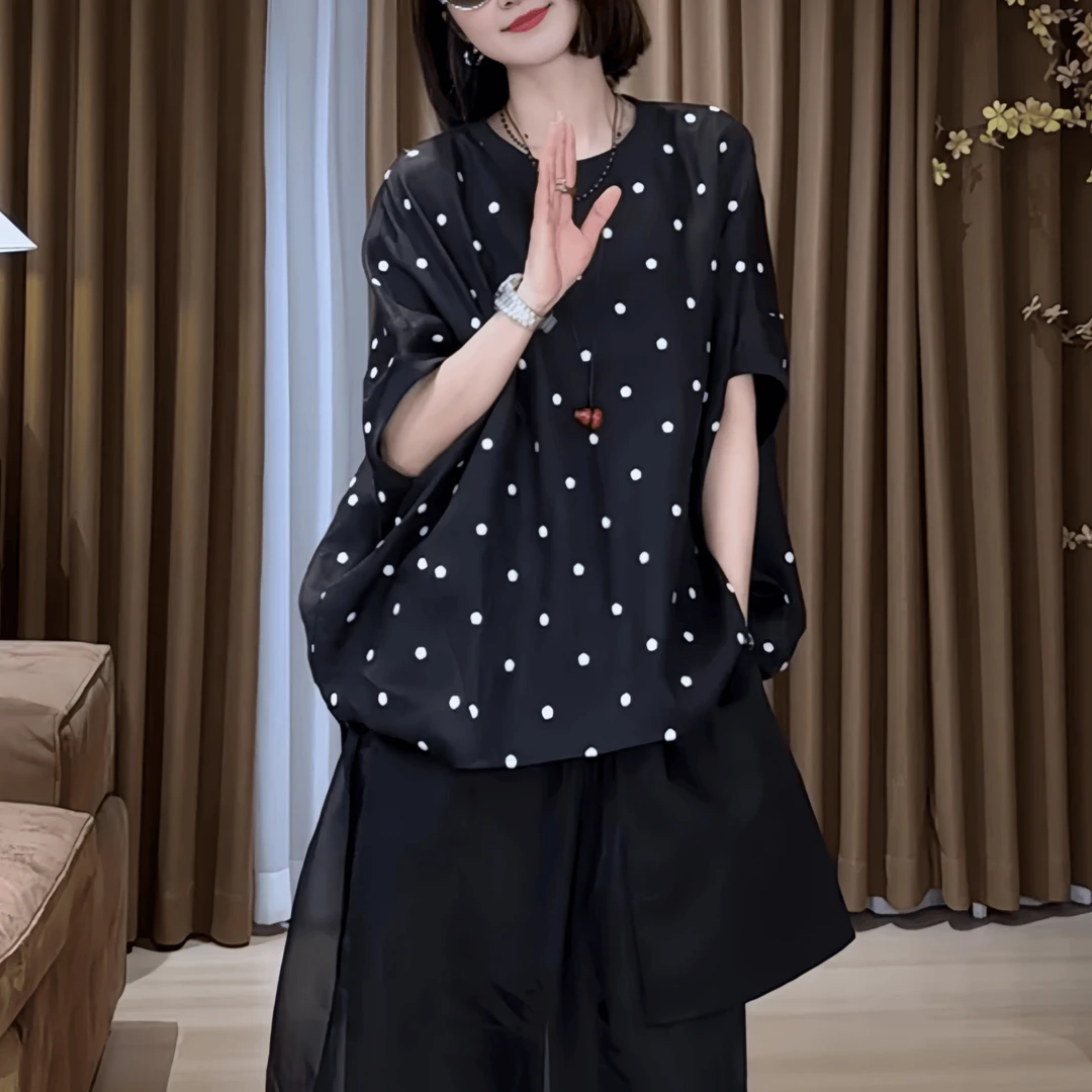 极简风时尚休闲波点短袖T恤女2025夏季大码胖MM宽松显瘦百搭上衣