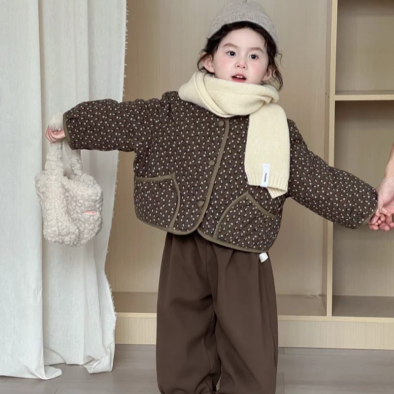 女童夹棉加绒棉衣2025新款碎花洋气棉服女宝宝加厚花边长裤套装潮