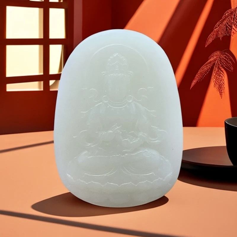 和田玉羊脂白玉吊坠-观音