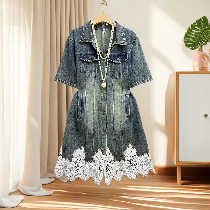 欧货蕾丝拼接牛仔短袖连衣裙女2025夏装宽松设计感洋气开衫裙子潮