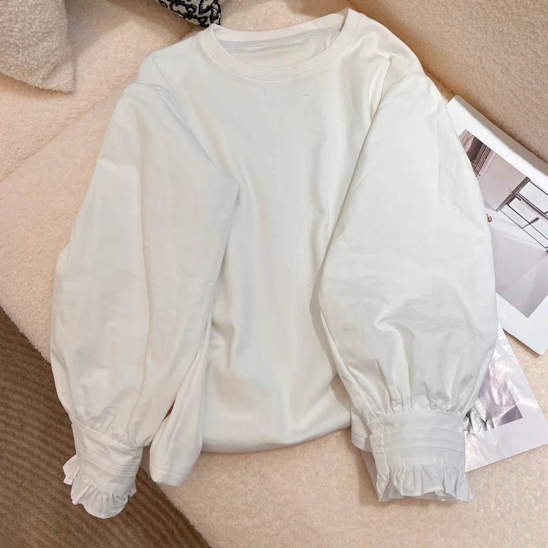 圆领拼接衬衣泡泡袖百搭时尚内搭T恤2025新款春季法式气质白衬衣