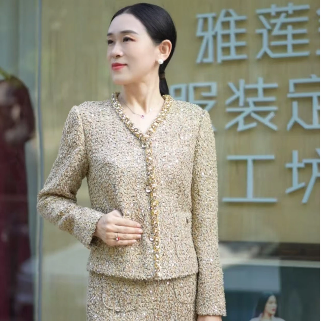 秋冬时尚复古小香风链条长袖半裙套装
