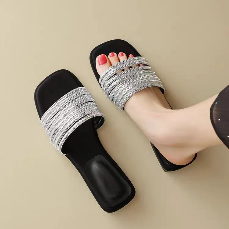 C7548   黑色 夏季时尚方头舒适粗跟露趾拖鞋