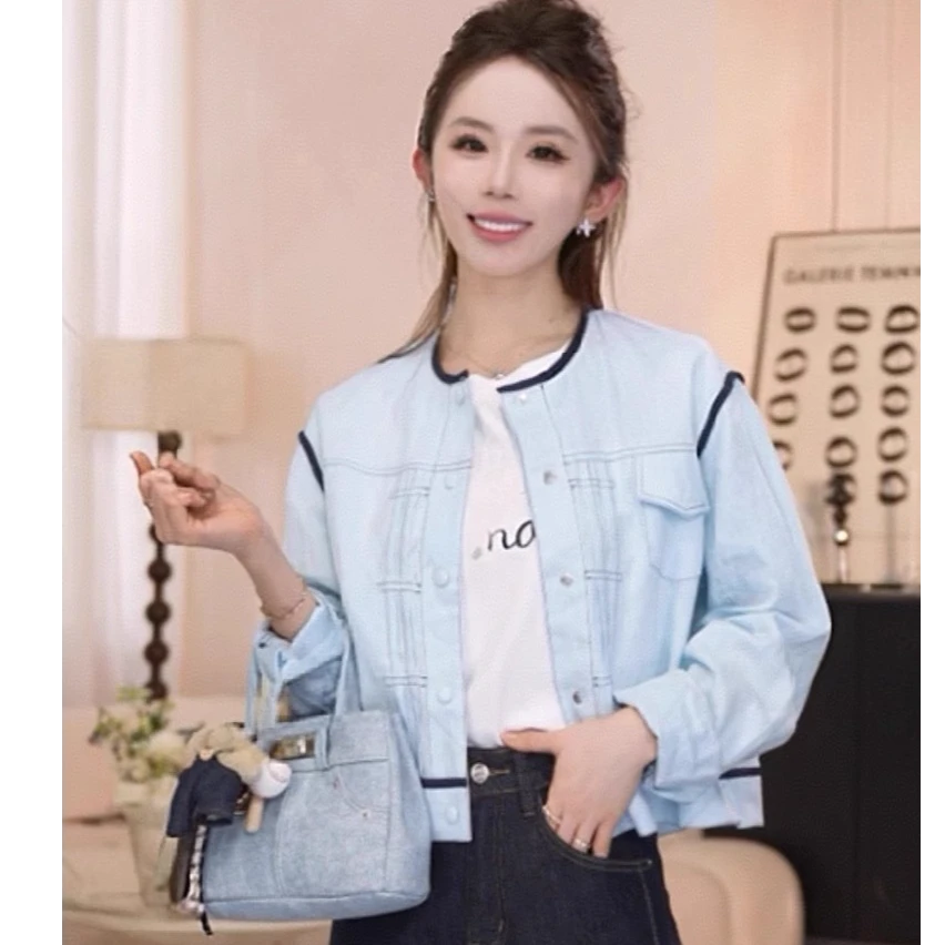 欧洲站2025春季新款时尚撞色线条搭配单排扣圆领长袖薄款洋气外套