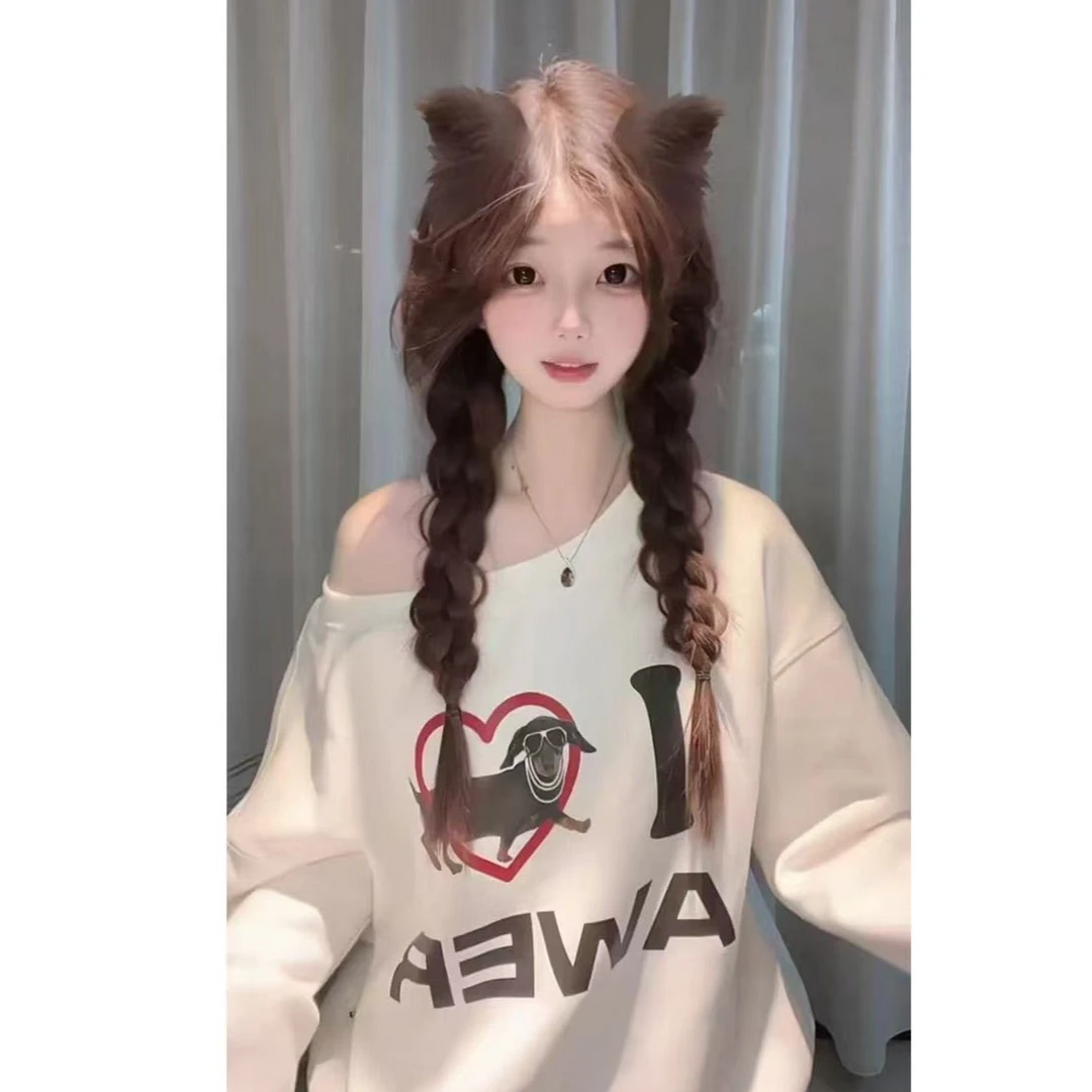 【UBKA】美式腊肠狗斜肩卫衣女秋冬新款小众百搭宽松显瘦辣妹上衣潮