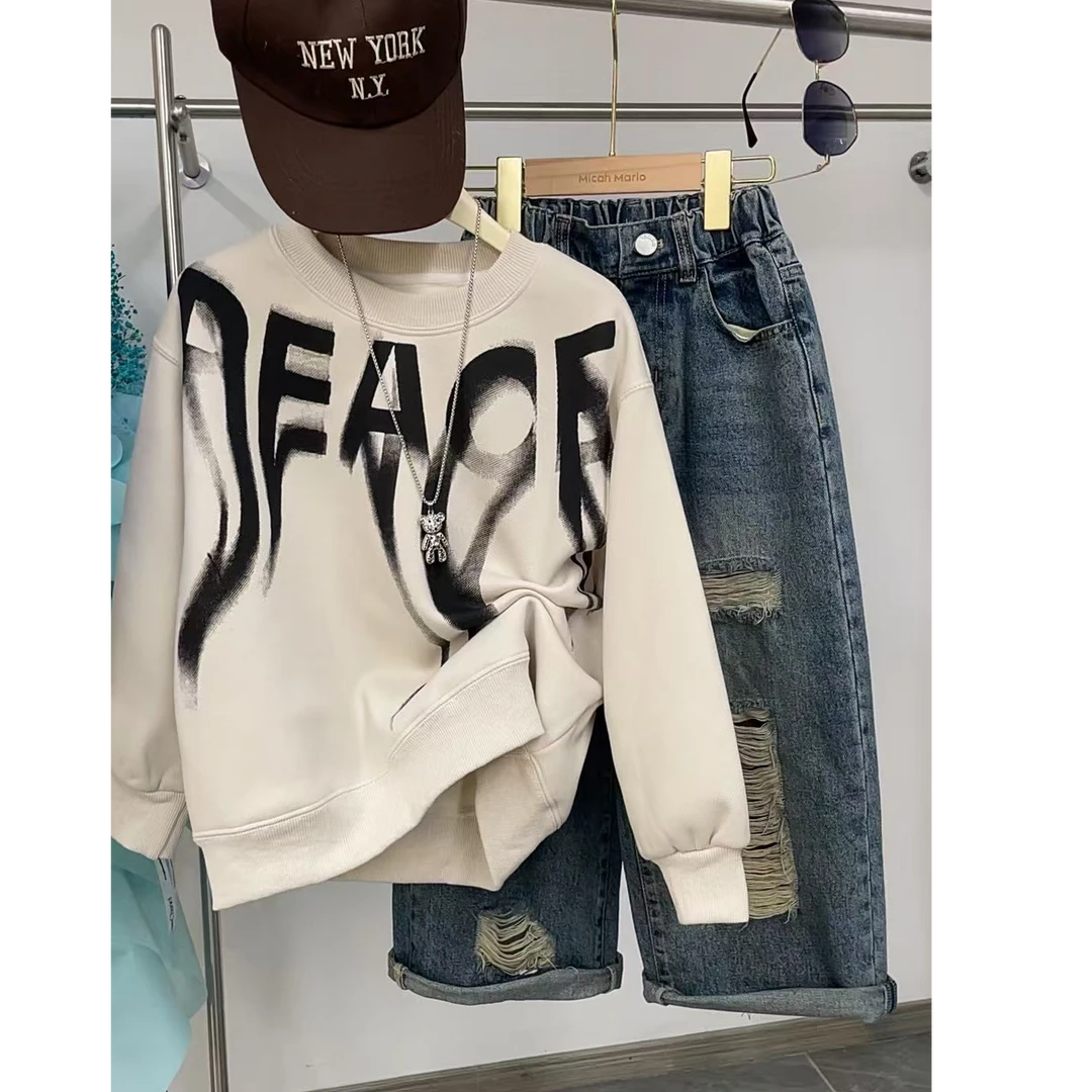 509165 韩版男童女童新款秋款时尚儿童洋气百搭休闲加绒卫衣