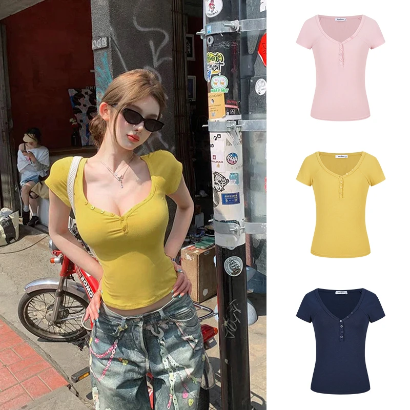 Moses Queen/魔西女王辣妹纽扣V领显身材短袖T恤紧身收腰性感上衣