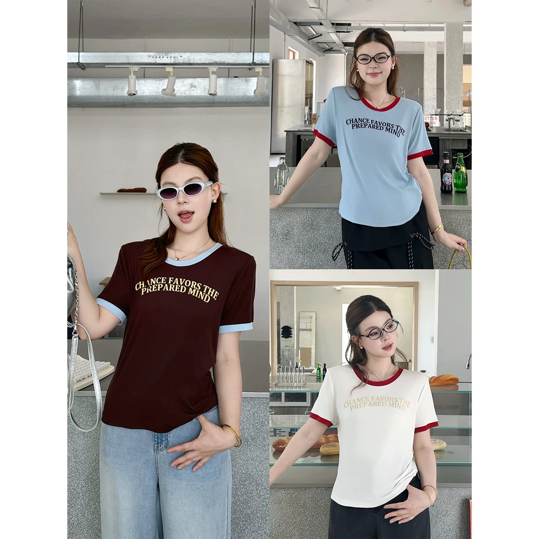 裂渡宣宣【私享时刻】微胖大码女夏舒适显瘦撞色ins针织T恤ZY506V39