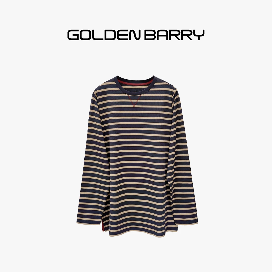 GOLDENBARRY202440刺绣小方块温柔条纹T恤