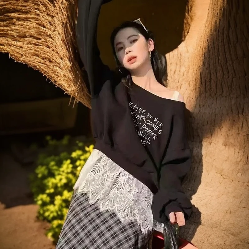 蕾丝女开衫字母拼接卫衣百搭绒衫黑色上衣假两件时尚针织气质洋气