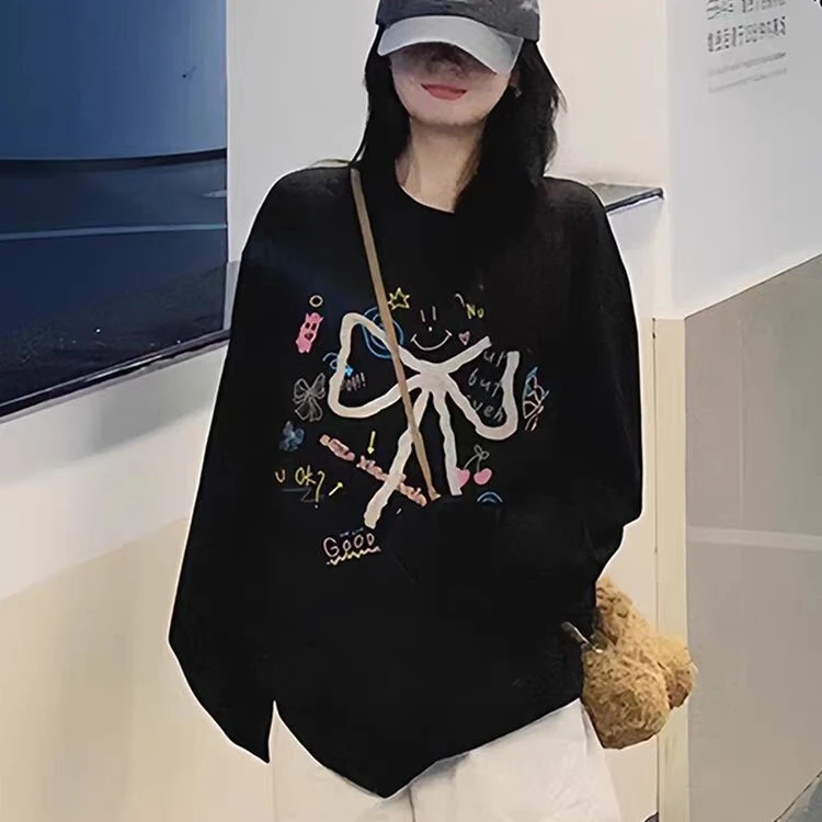 2025初秋韩里韩气设计感上衣独特气质黑色蝴蝶结休闲宽松长袖T恤