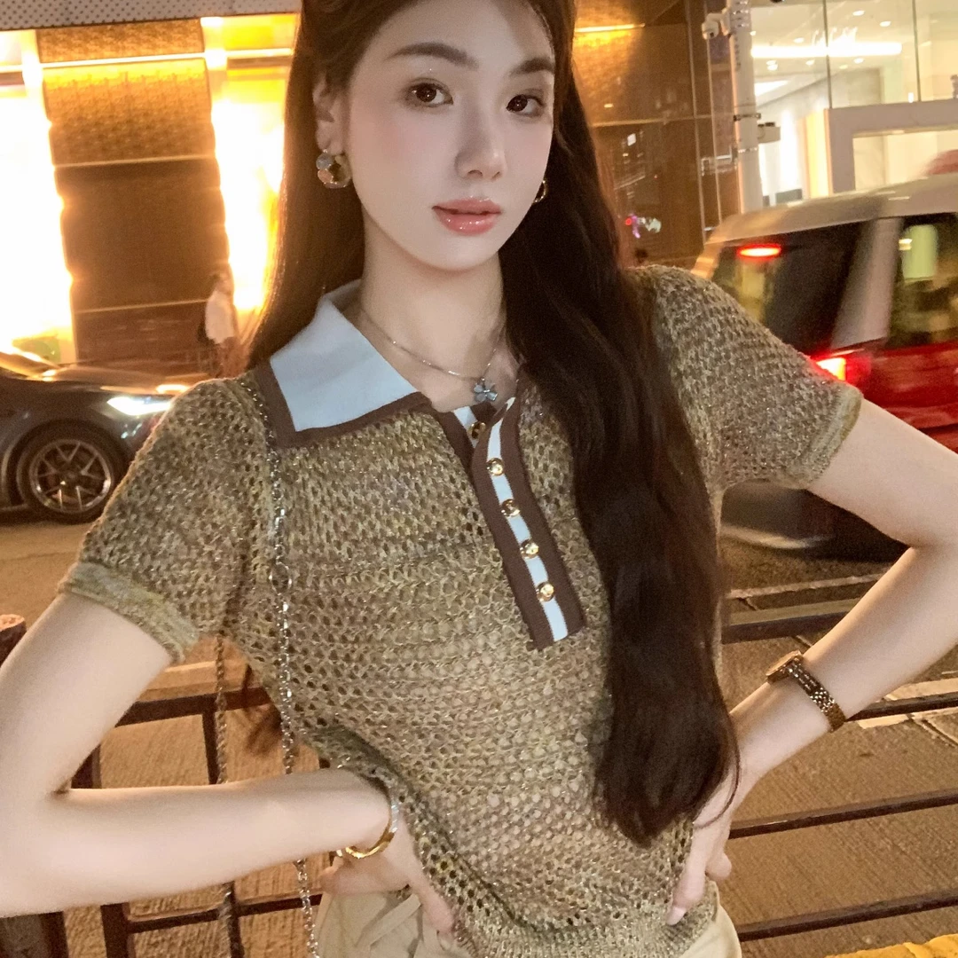 鱼兔子的兔子25夏新款小香风镂空针织短袖女设计感上衣百搭短裤