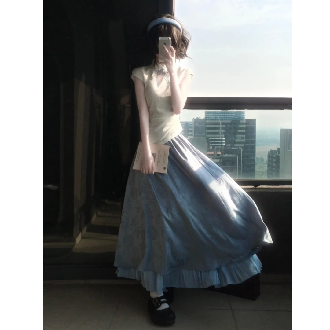 2025夏季新款新中式国风小众修身设计感上衣搭高腰显瘦半身裙套装