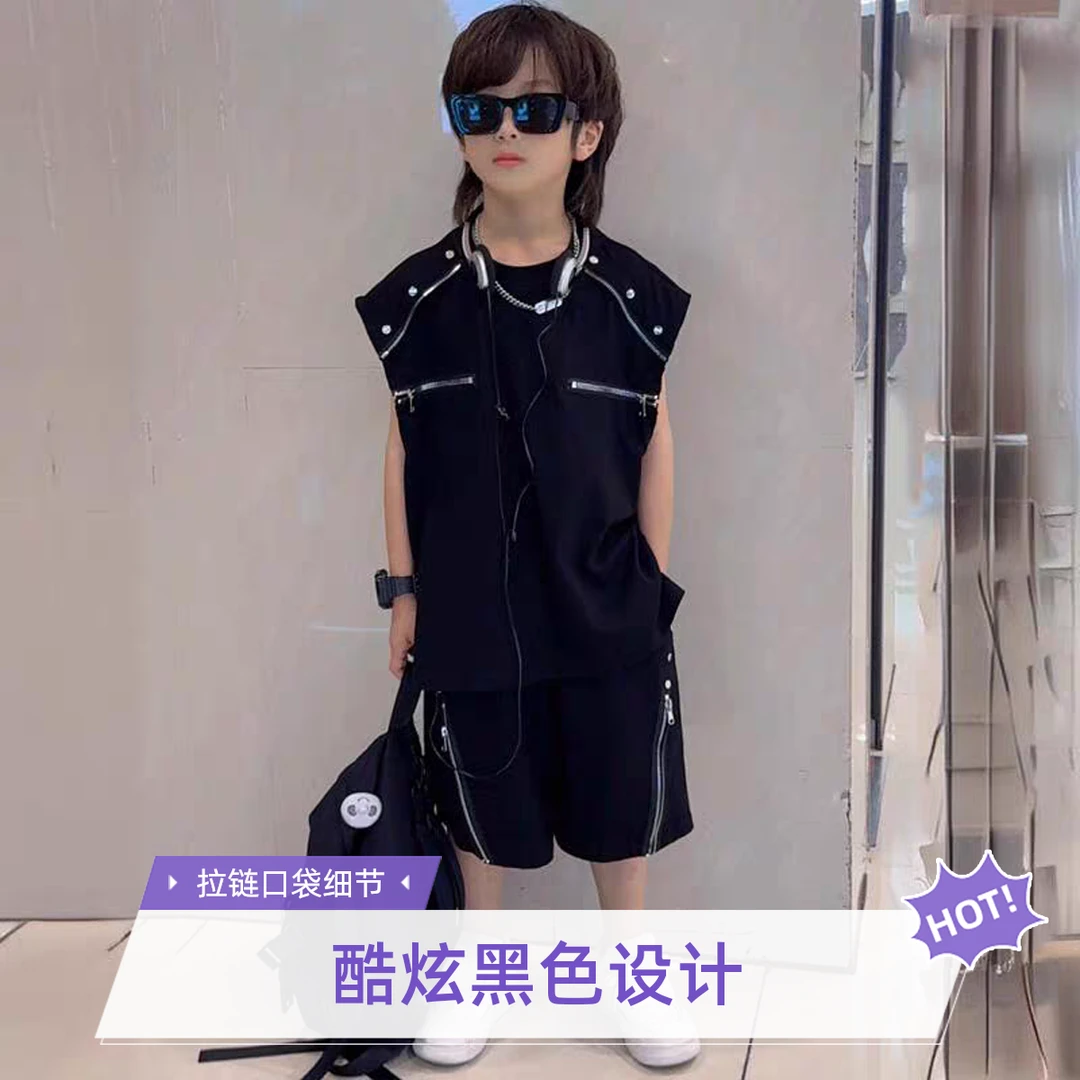 男童女童中性夏季童装纯色薄款通用韩版拉链工装黑色套装洋气