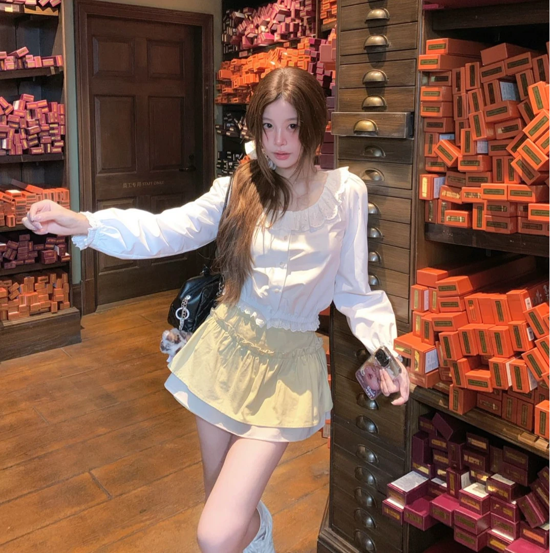 2025新款甜美衬衫上衣女长袖套装显瘦小众辣妹设计感半身裙韩版