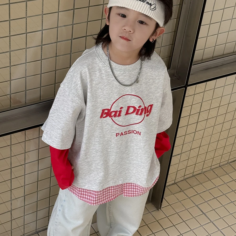 YH-25028 男童假两件长袖t恤2025年春新款韩版儿童T女孩洋气衣服