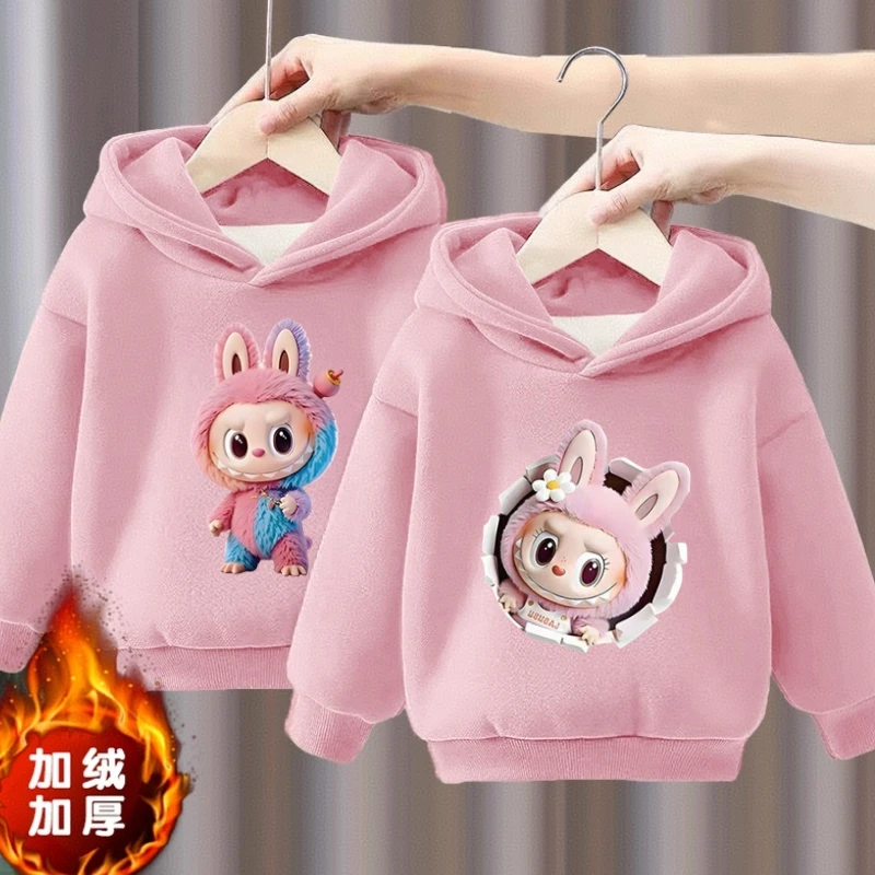 儿童新款粉色拉布布女童秋冬季加绒卫衣连帽上衣卡通洋气加厚外套