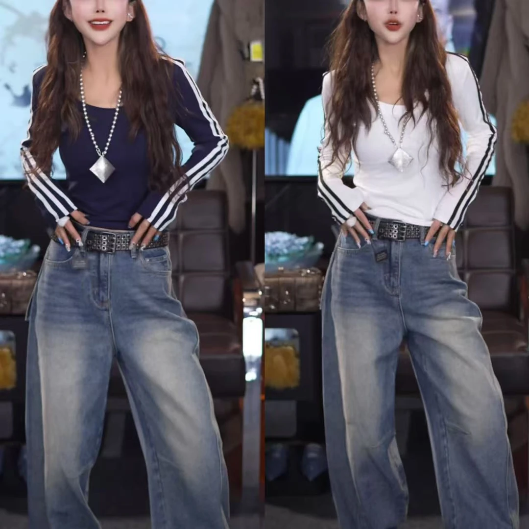 2025三条杠U领长袖t春季新款辣妹修身显瘦弹性洋气上衣