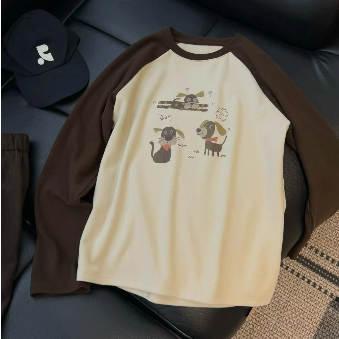 ANSEVEN/暖绒萌宠减龄保暖内搭小狗印花插肩袖双面绒冬季趣味T恤