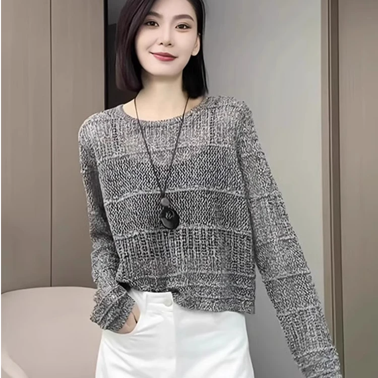 复古镂空设计感圆领长袖针织衫女2025新款早春百搭独特漂亮小衫