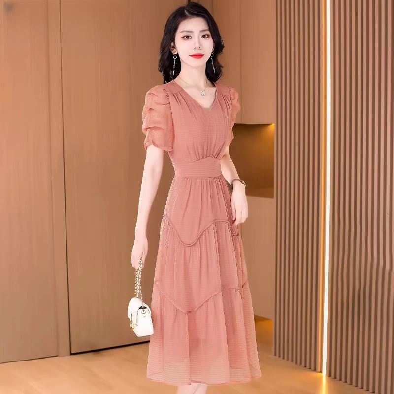 中长款收腰显瘦气质雪纺纱料连衣裙女春夏季新款大摆裙子年轻妈妈