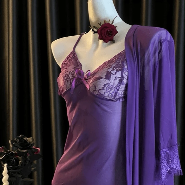 浔觅/Xunmi 【若隐若现】网纱睡裙套装吊带睡裙网红蕾丝长袖女款