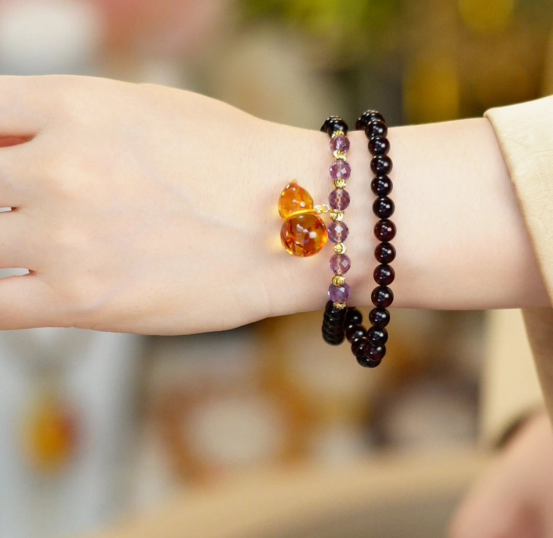 東芳珠宝-缅甸天然翳珀手串DIY紫水晶花珀葫芦设计款双圈